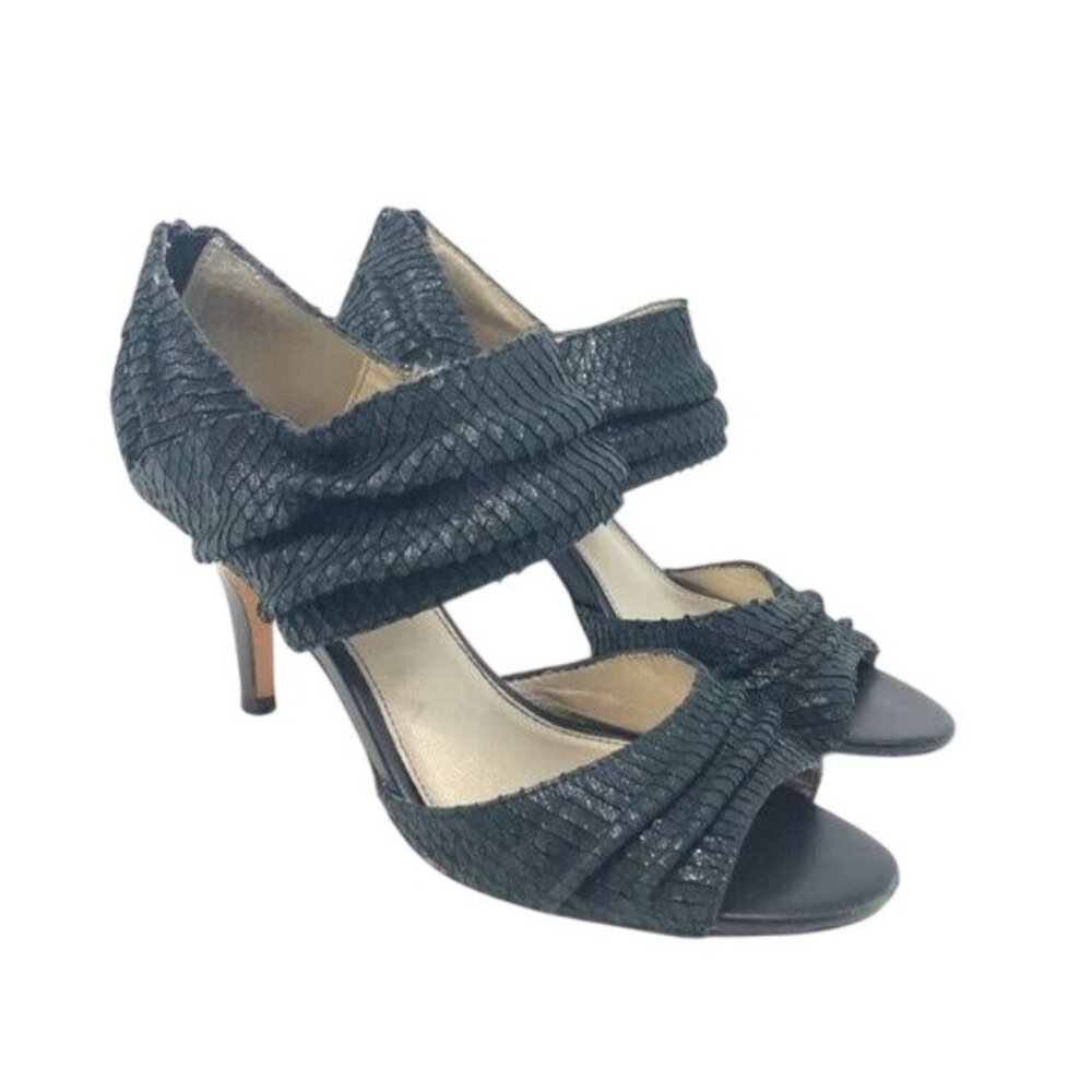 Isola Size 8.5 Black Textured Leather Open-Toe Heels Sandals Back Zip Closure